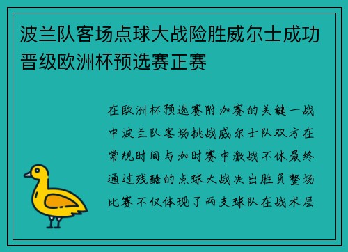 波兰队客场点球大战险胜威尔士成功晋级欧洲杯预选赛正赛